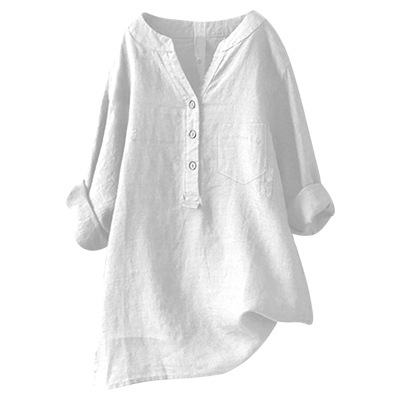 thumbnail image 4 of Camisa holgada de lino liso para mujer: manga larga abotonada, cuello mao, mezcla de poliéster, elegante e informal, 4 of 4